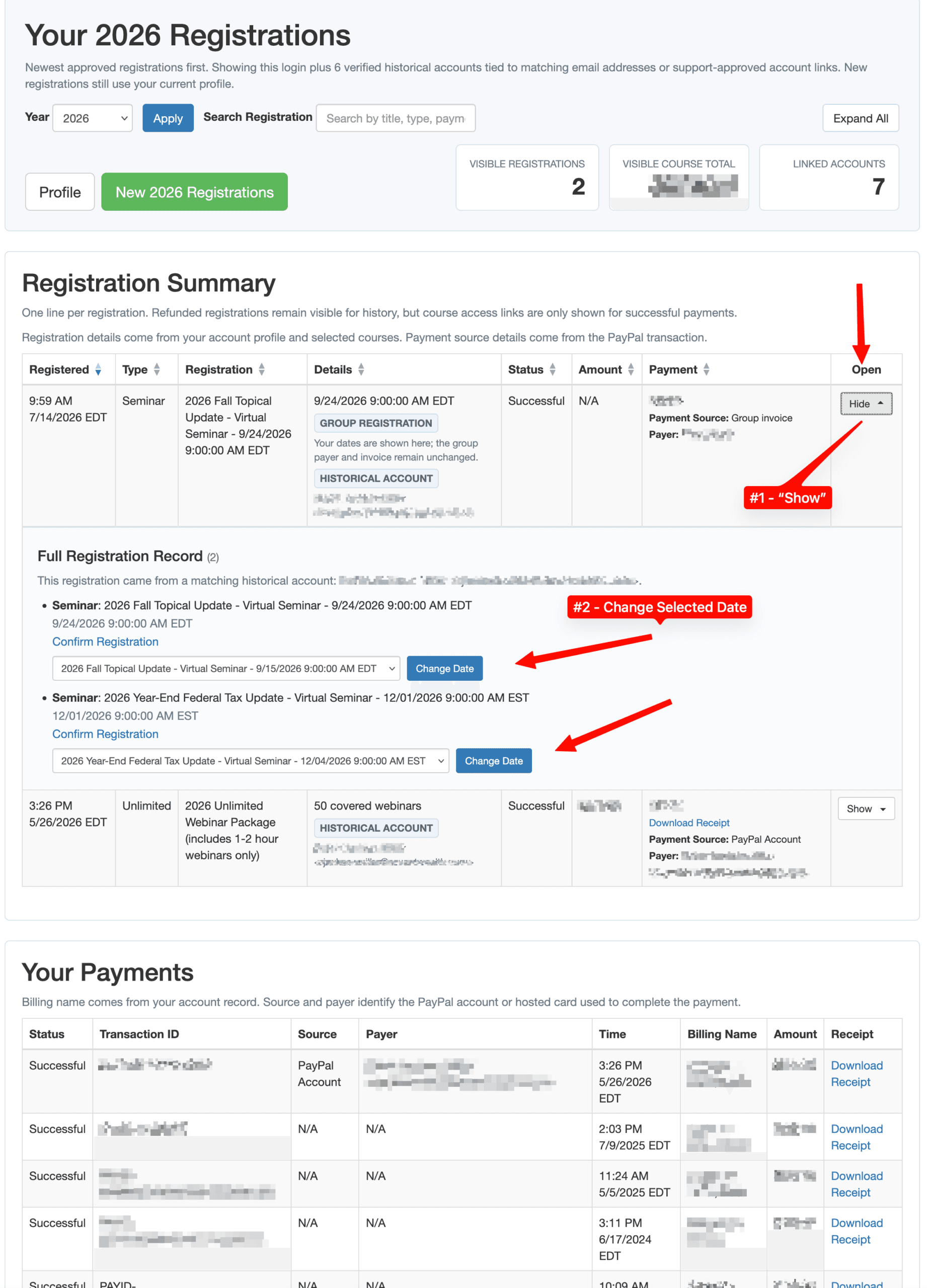 Registration summary showing the Show control, seminar date menus, and Change Date buttons