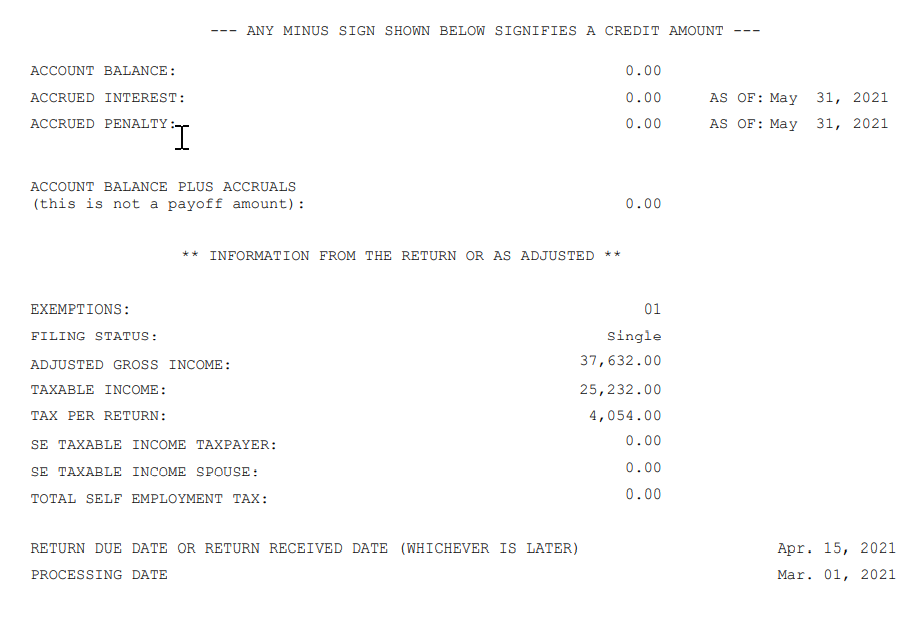IRS Record of Account Transcript example