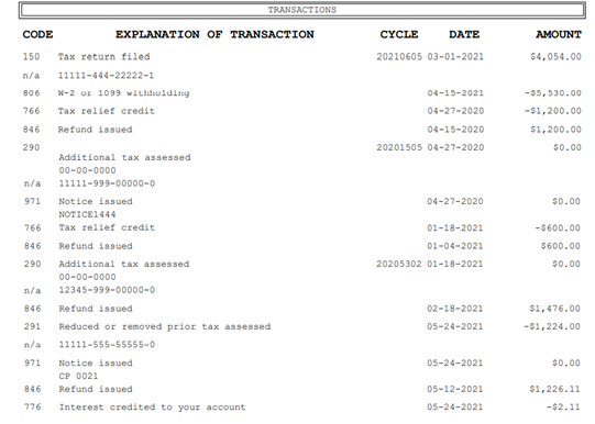 Tax Account Portion of the Record of Accounts Transcript example