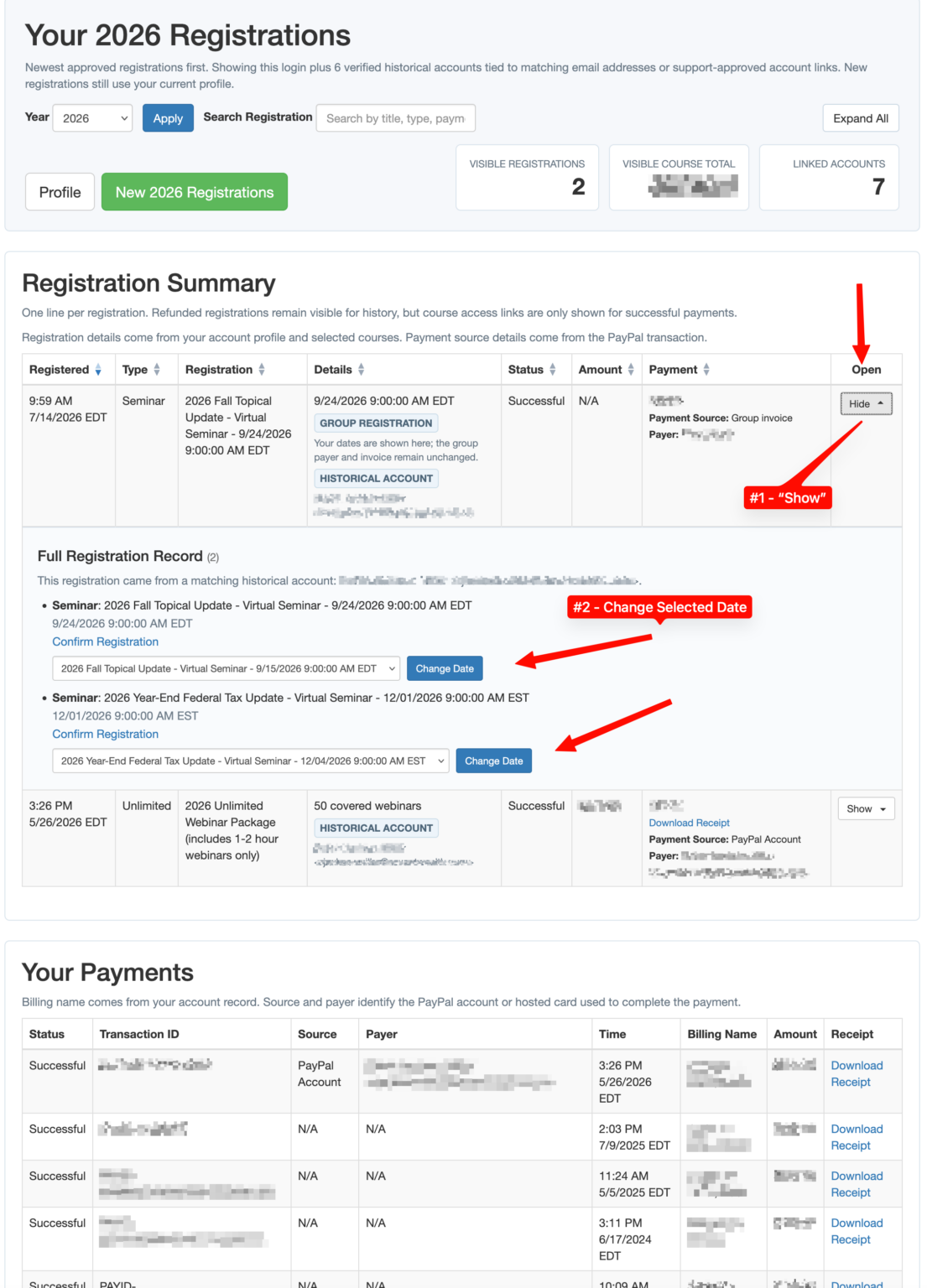 Registration Summary showing the Show button, seminar date menus, and Change Date buttons