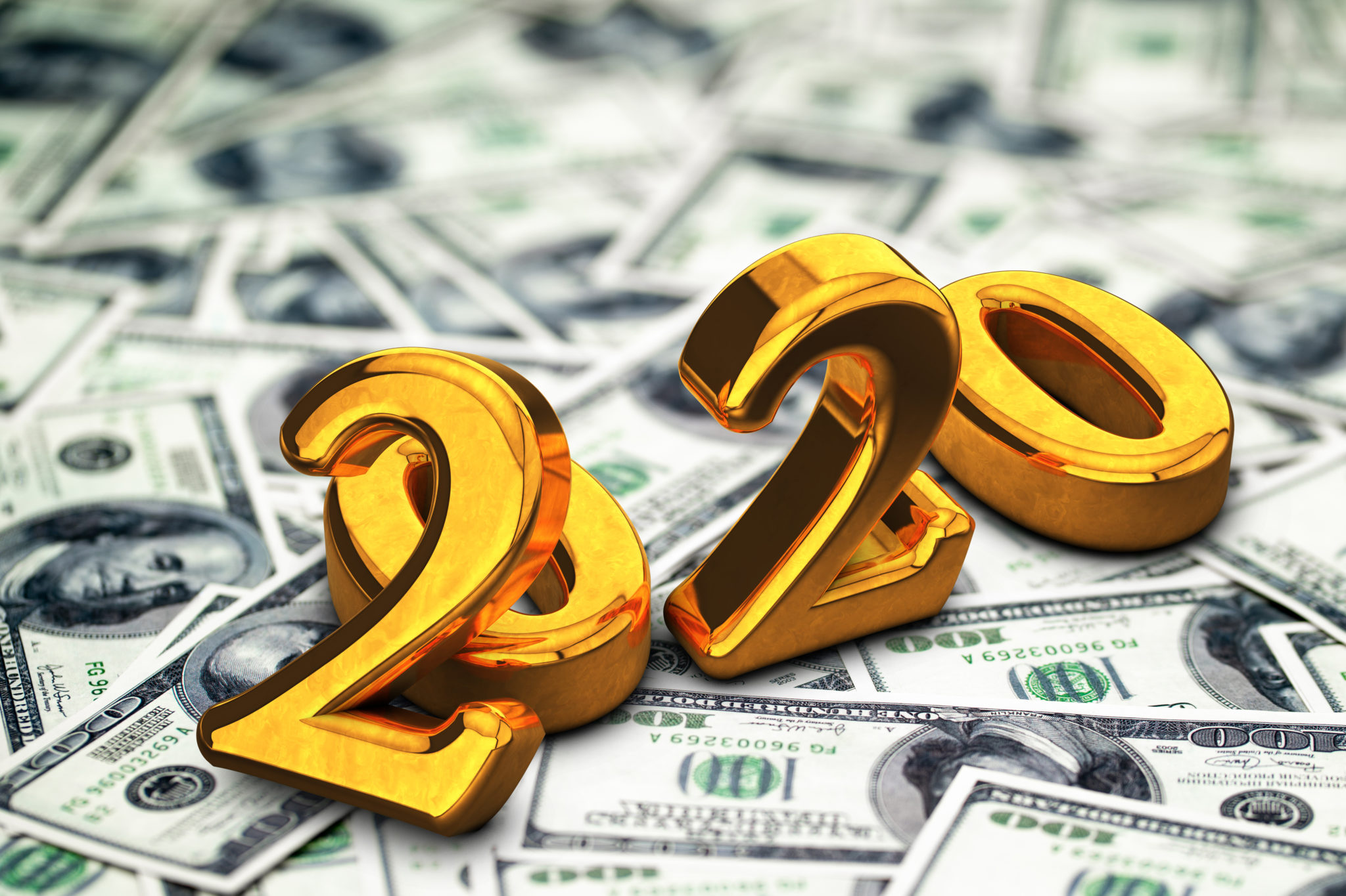 Concept of gold 2020 New Year text on maoney dollars background. 3D Render Image