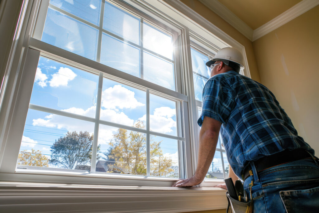 a man wearing a hard hat and hardhat looking out a window