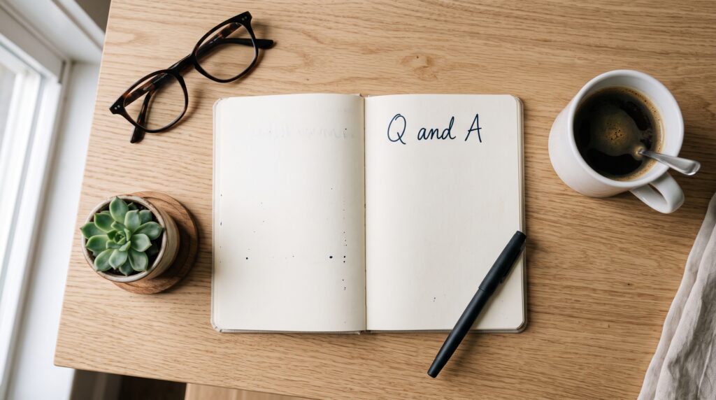 Q and A notebook on desk
