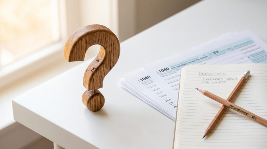 Question mark with tax forms and notes